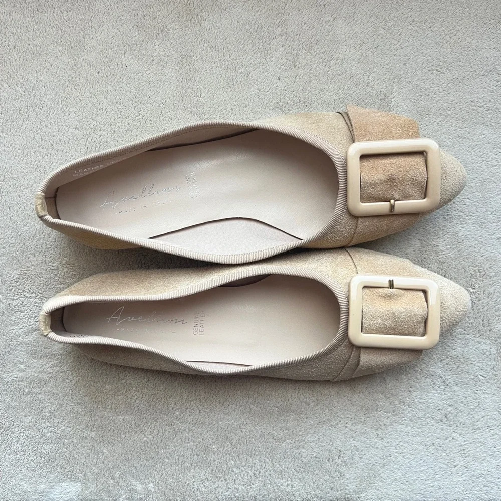 Avellini Women 8 EU‎ 39 Tan Suede Pointed Toe Buckle Ballet Flats Italy Classic